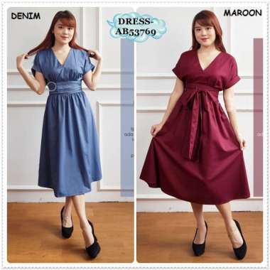 AB53769 Midi Dress Gaun Pesta Wanita Korea Import Cream Beige Biru Denim Hitam Pink Merah Maroon Red