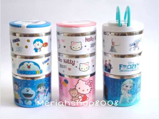 Rantang Susun 3 Putar Lunch box Stainless Karakter Kartun Doraemon