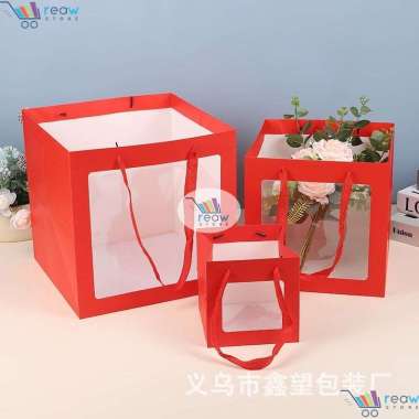 Paper Goodie Bag Kantong Tas Souvenir Hampers Merah Mika Transparan 20x20cm
