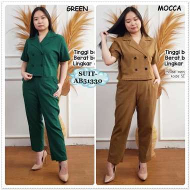 AB51330 Set Setelan Baju Crop Kemeja Blazer Lengan Pendek Celana Panjang Kulot Kerja Karet Wanita Ko