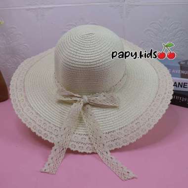 VERISH Topi pantai lebar list renda PL23 / Topi lebar renda /Summer hat Broken white