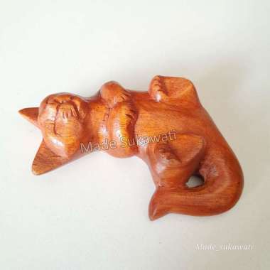 Patung kayu kucing tidur mini ukiran handmade Bali -+11cm