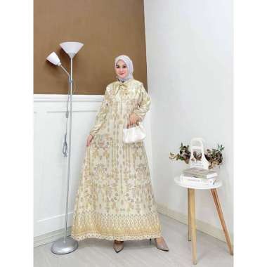 Aghnia Punjabi - Gamis Terbaru Diora Silk Dress Wanita Lengan Panjang Ruffle Maxidress Kekinian LD 110 cm Aghnia Punjabi Cream