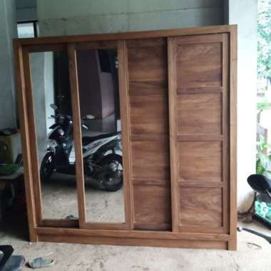 Lemari Pakaian Sliding Minimalis Request Pintu 4 Kayu Jati Solid Asli