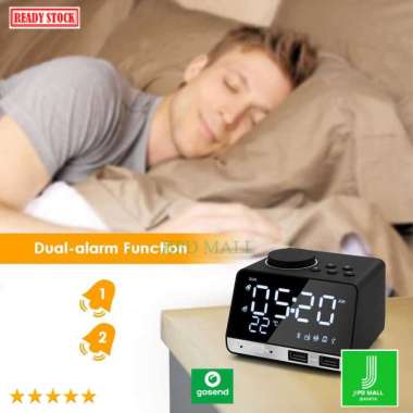Speaker Jam Meja Bluetooth Active Speaker Alarm Clock Radio USB Charge Hitam