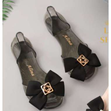 Sandal Flat Jelly Wedges Wanita Slipper Transparant Motif Pita 186-A2 39 Hitam