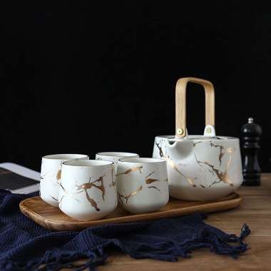 Tea Set Cangkir Marble Japanese Tea Set / Teaset Alat Minum Teh Ala Jepang gelas Keramik Teko White