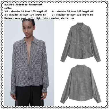AB868989 Baju Atasan Kerja Kemeja Lengan Panjang Wanita Kotak Houndstooth Korea Import Hitam Putih