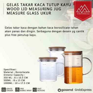 GELAS TAKAR KACA TUTUP KAYU WOOD LID MEASURING JUG MEASURE GLASS UKUR 1000ML