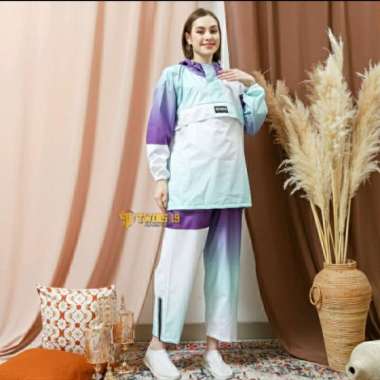 Jas Hujan Twins19 Saku Kangguru Pria Wanita Motif - Tetris Merah Gradasi ungu