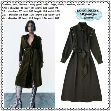 AB369036 Long Dress Kemeja Midi Panjang Wanita Korea Import Army Green Hijau