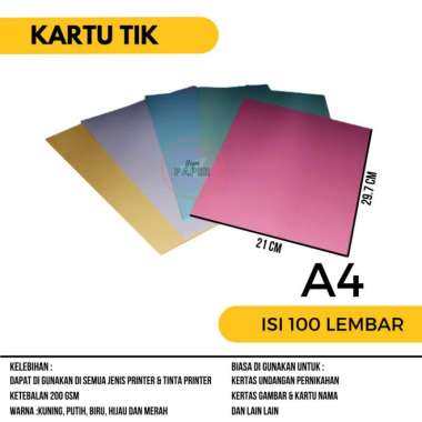 kertas tik a4 200gr isi 100 lembar / karton tik a4 / kertas karton tik Multicolor