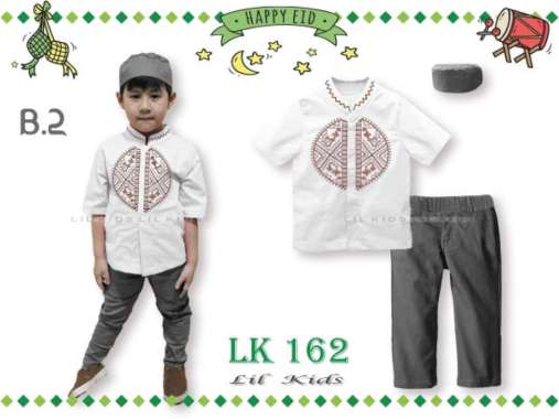 LK162 B2 BESAR Baju Muslim Koko Pendek Anak Import Lebaran Peci Putih Multicolor
