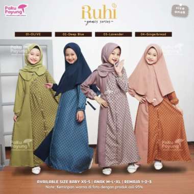Set Gamis Motif Ruhi Hijab Syari Polos Anak dan Remaja Usia 4-12 Tahun Multicolor