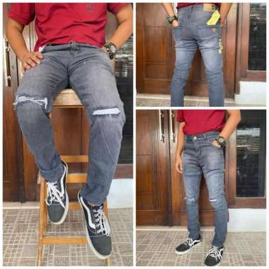 Celana Panjang Jeans Sobek Laser Tidak Tembus Pria Pensil Stretch 27 Abu