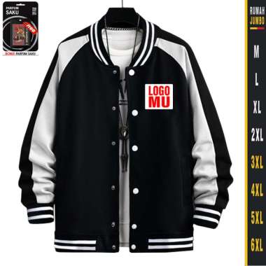 JAKET VARSITY PRIA HITAM KOMBINASI GARIS PUTIH (M-6XL) CUSTOM JAKET VARSITY KANCING OVERSIZE POLOS X