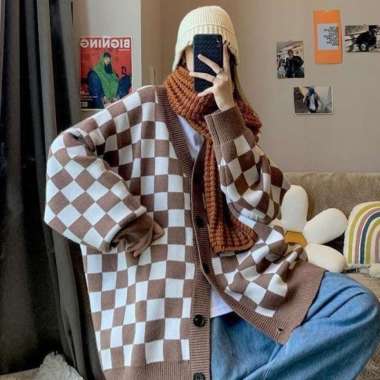 VERISH CHECKER OVERSIZED KNIT CARDIGAN WOMAN WINTER IMPORT KOREAN STYLE KARDIGAN RAJUT WANITA BIRU