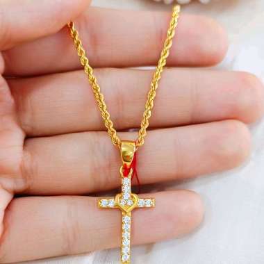 Set Kalung Liontin Salib Full Permata Lingkar Koleksi Josean Emas Asli