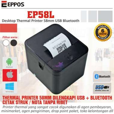 EPPOS EP58L Black Mobile Thermal Printer 58mm USB Bluetooth putih