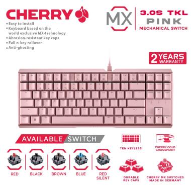 CHERRY MX Mechanical Gaming Keyboard TKL - MX3.0S TKL NBL PINK RED SILENT