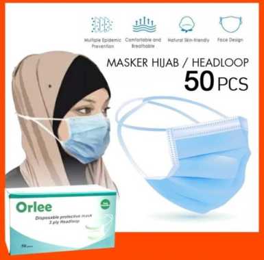 Masker Hijab / Jilbab Headloop ORLEE Mask 3 Ply isi 50 Pcs – Surgical Face Mask - Seperti Sensi APD 