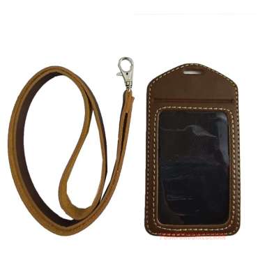 ID Card Holder PVC Leather Name Tag Lanyard Gantungan Nama Coklat Tua