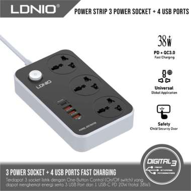 LDNIO SC3412 Stop Kontak 3 Socket Power Strip 4 port USB Charger PD
