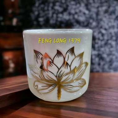 Cangkir Puja Keramik Teratai List Emas Putih