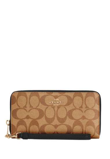 COACH Long Zip Around Wallet In Signature Canvas Khaki Black