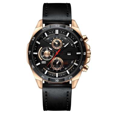 FNGEEN 216 Jam Tangan Pria Kulit Sport Santai Quartz Original Anti Air Watch Black Gold-Al1