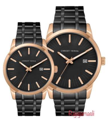 Jam Tangan CHRIST VERRA CV10636 Classic Stainless Steel Original Analog COUPLE Black Rosegold