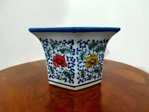 Keramik Pajangan Pot Bunga Segi Berwarna Besar Multicolor