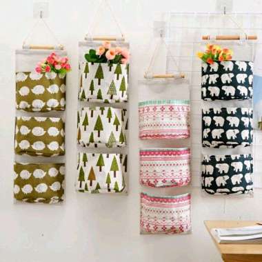 Storage Bag Gantung Kain Kanvas 3 Sekat Elegant motif garis