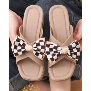 Sandal Selop Wedges Wanita Import Balance Tali Silang Motif Pita 2212-4 38 Coklat
