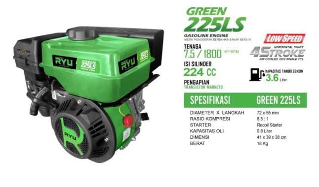 MESIN PENGGERAK/GASOLINE ENGINE GREEN225 (LS) - RYU