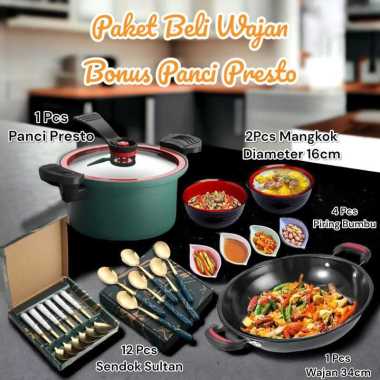 ZS LT 002 Paket Lengkap Wajan Enamel 34cm Panci Presto Anti Lengket 12 Pcs Sendok Marble Sultan 4 Pc