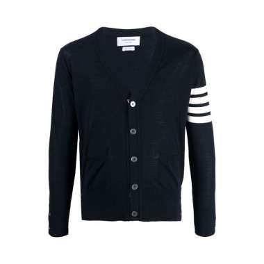 Thom Browne Fine Merino Wool V-Neck 4-Bar Cardigan Navy Blue 4