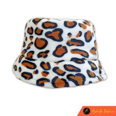 VERISY Topi Bucket Wanita Bahan Bulu Motif Lembut Hangat Warna Pelangi Untuk Musim Dingin Putih Moti