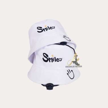 VERISH Topi Bucket Anak Tali Bordir 2 Gambar Smile-Daisy Smiledaisy Putih