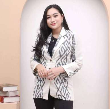 Blazer Batik Wanita Kerja Moder Full Katun Torso Jepara Songket Besar XL Putih