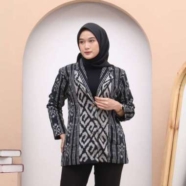 Blazer Batik Wanita Kerja Moder Full Katun Torso Jepara Songket Besar M Hitam