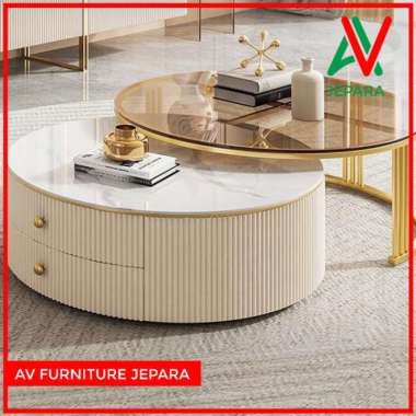 COFFE TABLE MODERN TOP MARMER DAN KACA BROWN - MEJA SOFA MINIMALIS