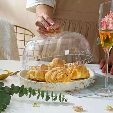 Piring Marble Ceramic Cake Plate With Lid / tempat Kue Piring saji dengan tutup / Piring kue Piring 