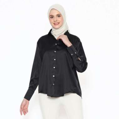 Kemeja Blouse Wanita Polos Silk Plain V-Neck Lengan Panjang L Hitam