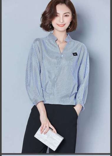 Baju Atasan Blouse Tunik Blue Loose Stripe (S) Import Original Multicolor