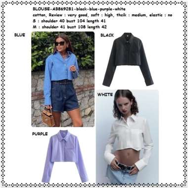 AB869281 Baju Atasan Kemeja Lengan Panjang Crop Top Wanita Korea Import Hitam Putih Biru Ungu Lilac