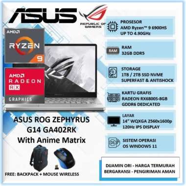 LAPTOP GAMING ASUS ROG ZEPHYRUS G14 GA402RK RYZEN 9 DDR5 1TB SSD RX6800S-8GB WQXGA - WHITE STANDAR U