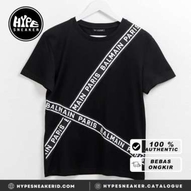 Kaos BALMAIN TEXT BAND TAPE DIAGONAL WHITE BLACK TSHIRT 100% ORIGINAL XXL