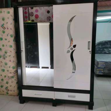 Lemari Pakaian 2 Pintu Lemari Sliding 2 Pintu Motif Kaca - Hitam Putih