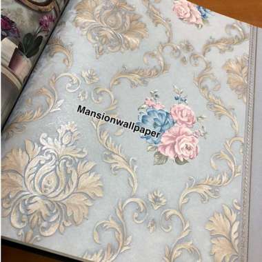 Wallpaper Dinding Bunga Klasik Biru Cream Coklat Merah Eksklusif
